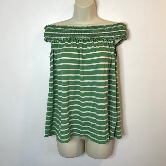 Max Studio SMALL S Green White Striped Off the Shoulder Shirt Blouse Stretch - Picture 2 of 9